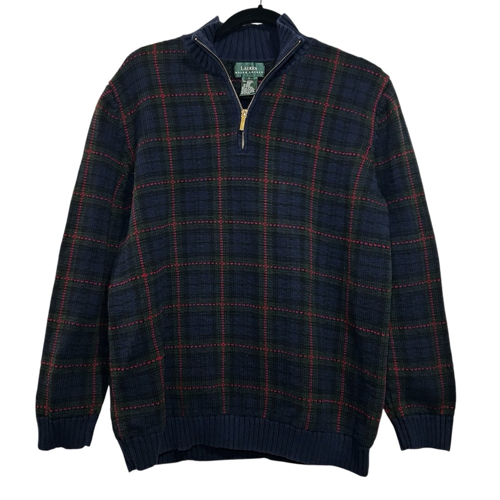 Lauren Ralph Lauren Men Sweater Blue Plaid 1/4 Zip Cotton Size L